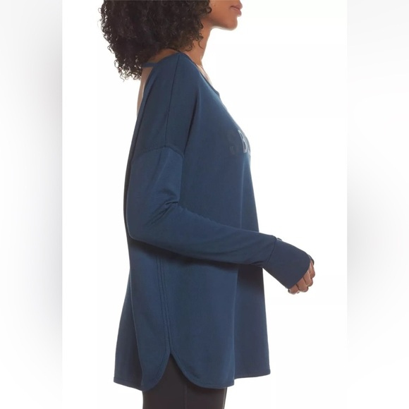 Sweaty Betty Simhasana Slogan Sweatshirt Open Back Dark Blue Teal Size XS - Picture 3 of 8